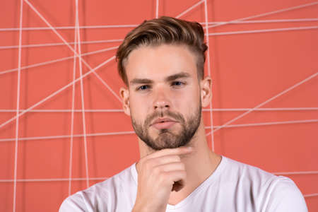 Use right product styling hair. Confident with tidy hairstyle. Barber hairstyle tips. Man bearded...