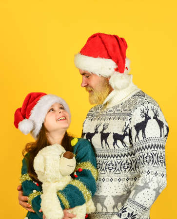 Dad and child having fun. Christmas tradition. Christmas eve concept. Family bonds. Winter holidays. My dear daughter. Father and little kid celebrate new year. Family time. Holly jolly christmasの写真素材