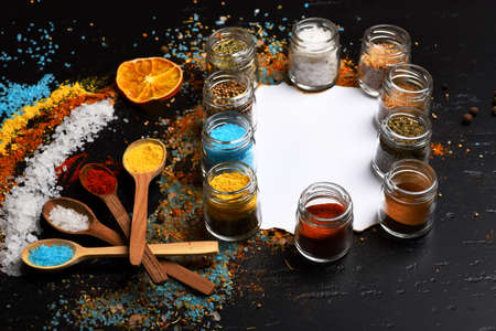 Set of spices on grey background. Food art concept.