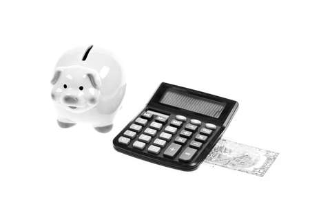 Future money. planning and counting budget. bookkeeping. financial problem. money saving. Accounting and payroll. moneybox with calculator. Piggy bank. income capital managementの写真素材