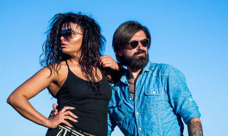 Looking trendy. fashionable guy and girl wear sunglasses. spring or summer season. fashion couple....