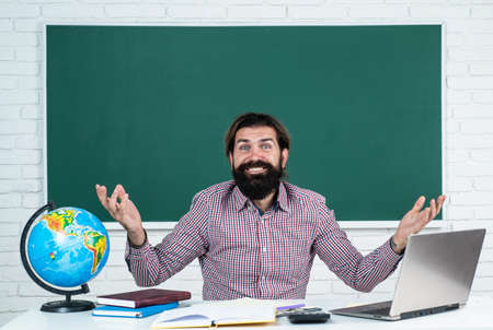 happy man student wear shirt use laptop computer study online training course, e learning teacher