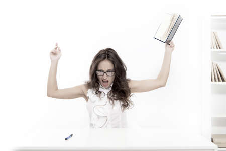 What the hell is going on. Overworked business woman in office. Sexy lady with red lips. Tired woman...