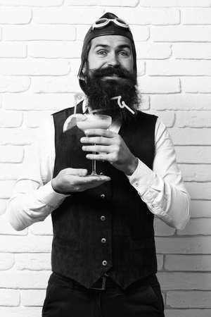 happy handsome bearded pilotの写真素材