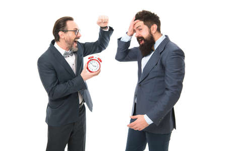 Improve punctuality. Man mature boss with clock care about time efficiency. Coworkers discipline....