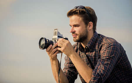 Click Of Artistic Joy. capture adventure. journalist. travel with camera. male fashion style....