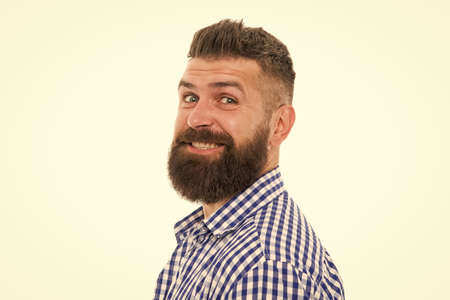 he know better. Hipster client visiting barber shop. male beauty portrait. well-groomed bearded man. cheerful mature man. Male barber care. Making haircut look perfect. getting haircut by hairdresserの写真素材