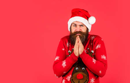 Celebrating another year with love, happiness and cheer. Cold weather. Bearded man santa hat. Merry...