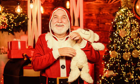 receiving Christmas gifts. xmas gifts. winter season. holiday shopping online. cheerful santa man hold toys. teddy bear for everyone. bearded man love bear toy. merry christmas. happy new 2020 yearの写真素材