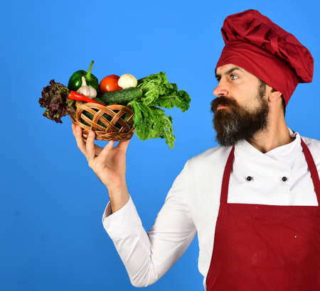 Chef holding a bowl full of raw fresh organic vegetablesの写真素材