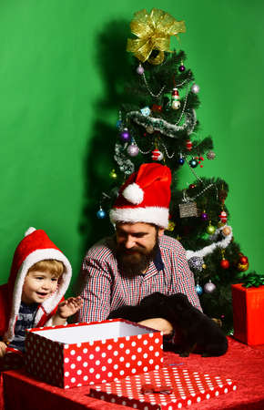 Pet for Christmas. Dad with beard and kid hold dogsの写真素材