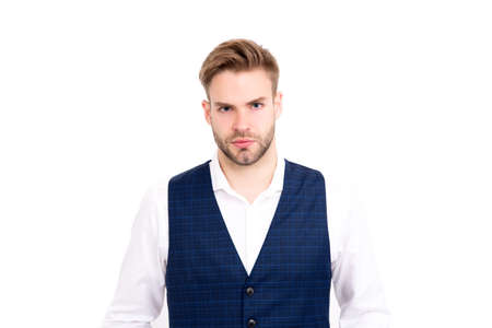 Theres no doubting he looks good. Handsome man isolated on white. Fashion look of business man....