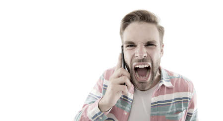 Bully manners. Ignorant man shouting mobile conversation close up. Guy screaming while having mobile...