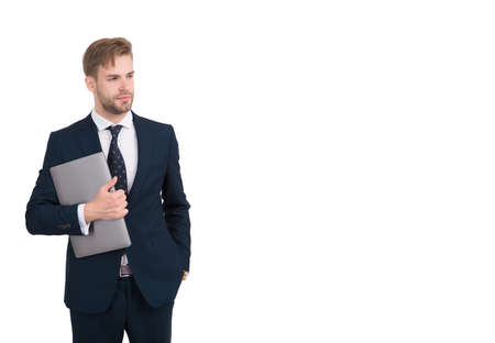 Handsome man in formal style hold computer using digital information and communication technology...