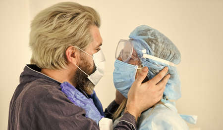 avoid personal contact. coronavirus pandemic outbreak preventions. stay at home. man and doctor in...