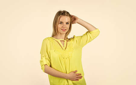 Girl yellow shirt blouse fancy summer clothes, loose fitting clothes concept