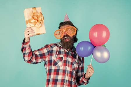 Man shopping. summer shopping sales. feel the happiness. happy man with beard. man in party glasses...