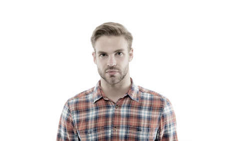 Looking handsome naturally. Handsome man with unshaven face isolated on white. Handsome look of...