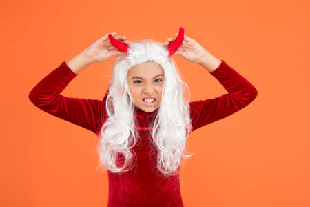 halloween angry devil girl in imp horns has white hair play trick or treats, happy halloween