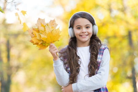 perfect autumn day of cheerful kid listen audio book or music wearing earphones in fall season park play with yellow fallen maple leaves, educationの写真素材