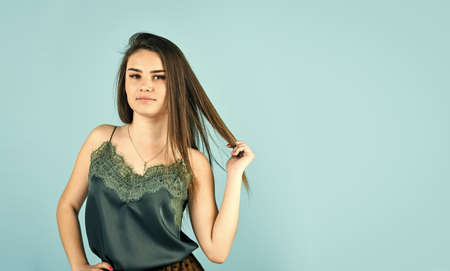 perfect wardrobe. fashion and beauty. always look elegant. clothes for everyday life. concept of beauty and youth. stylish fashion model. woman in beauty salon. female with classy look. copy spaceの写真素材