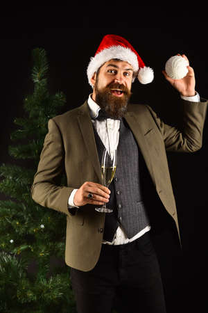 Business and decor concept. Man in suit and Santa hatの写真素材