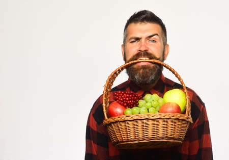 Farmer with seductive face shows apples, grapes and cranberry