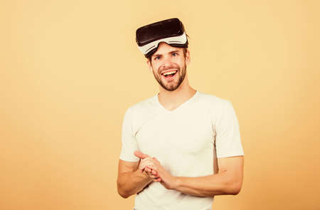 Different reality. virtual reality goggle. Modern business and education. Digital future and innovation. man wear wireless VR glasses headset. Working on Programing Project. man use modern technologyの写真素材