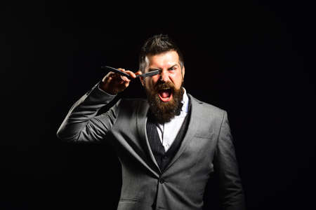 Barbershop advertising concept. Man with long beardの写真素材