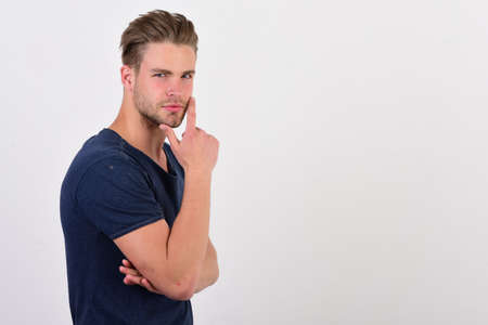 Man with fair hair on white background. Guy with bristle