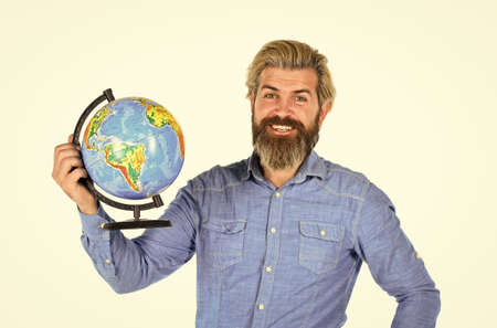 Earth day. Global and international concept. Protect Earth. Eco movement. Geography teacher. Earth globe. Pick next destination point. Travel and wanderlust. Bearded man with globe. Ecology problemの写真素材
