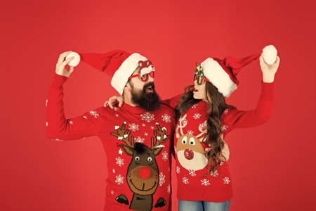 Bearded man and kid. Family celebrate holiday. Family tradition. Merry christmas. Joyful cheerful people. Father and daughter winter sweaters celebrate new year. Winter holidays. Happy family hugの写真素材