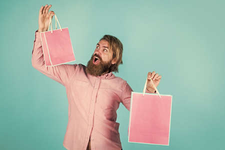 Quality service. paper shopping bag. birthday surprise at party. man with package. prepare for...