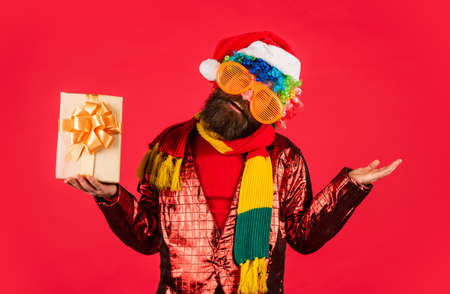 Christmas gift. Guy colorful hairstyle. Funny man with beard. Promoting product. Cool Specials....