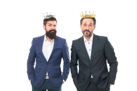 Sharing success. Businessmen wear crowns isolated on white. Bearded men dressed for success. Professional success. Pride and glory. Solution for success. Successful and ambitiousの写真素材