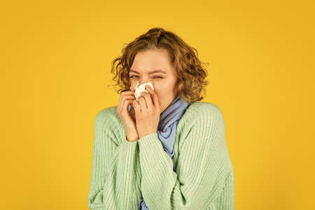 Chronic sinusitis. Contagious respiratory disease. Influenza infection. Sinusitis treatment. Sinusitis diagnostics. Inflammation of nasal sinus. Runny nose. Cold flu symptoms. Sick woman blowing noseの写真素材