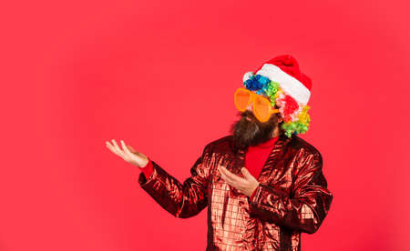 Funny man with beard. Winter holidays. Disco music. Warmest greetings this season. Bearded man...