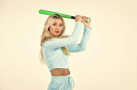 Sport and sportswear fashion. woman with baseball bat. i am a criminal. outdoor sport activity. full...