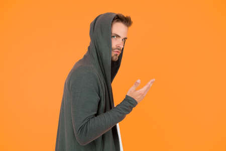 Stay cool. Stylish and attractive guy. Handsome guy in hoodie. Guy wear casual style. Caucasian guy...