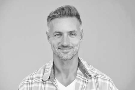 Kind smile. Bristle and facial hair. Natural beauty. Man attractive well groomed facial hair. Barbershop concept. Grizzle hair. Barber hairdresser. Man mature good looking model. Positive moodの写真素材