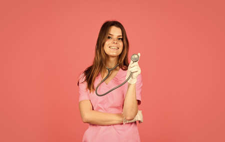 You can rely to this doctor. profession medicine staff. physician doctor with stethoscope. family therapist use phonendoscope. Medical nurse. pediatric healthcare. Immunity and health careの写真素材