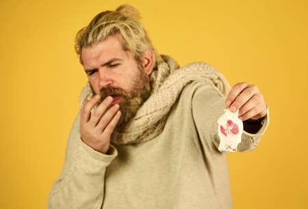 Stuffed nose. Flu virus. Coronavirus outbreak. Home treatment. Brutal man runny nose. Epidemic...