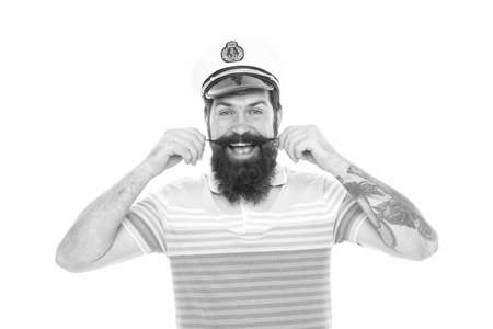 Wear moustache and look like real man. Happy seaman twirl moustache. Bearded man with moustache isolated on white. Captain moustache. Barbershop. Barber shop. Make sailing great againの写真素材