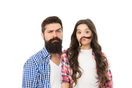 All you need is mustache. Bearded man with beard and natural mustache while little girl making fake...