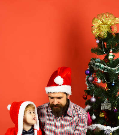Dad with beard and kid talk near Christmas tree.の写真素材