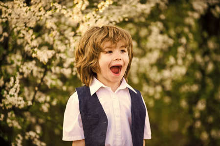 Happiness. Excited kid. Adorable boy spring garden. International childrens day. Happy childhood. Healthy child. Child care. Celebrate summer holidays. Boy nature background. Child developmentの写真素材
