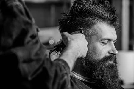 Barbershop concept. Hands of barber with hair clipper, close up. Hipster bearded client getting hairstyle. Barber works with hair clipper. Man with beard in hairdressers chair, dark backgroundの写真素材
