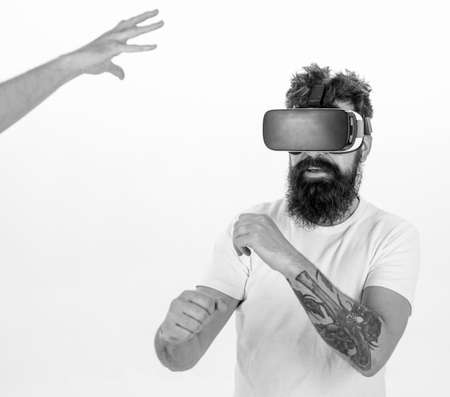 Man with stylish beard boxing with invisible opponent isolated on white background. Hipster with...