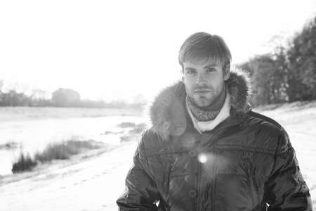 Feeling rested. cold and flu. male in down coat with fur hood. feel warm and comfortable. favorite...