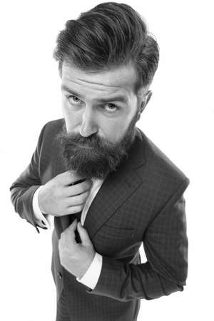 Formal wardrobe. Bearded man wear formal suit. Serious director in formal style. Formal work fashion. Business clothing. Professional attire. Office outfit. Dress code. Formalwear. Classy and elegantの写真素材